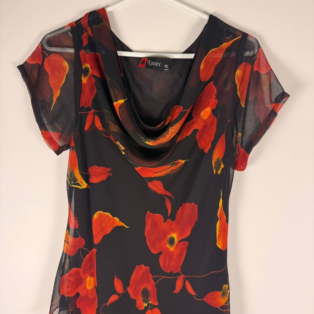 Nikky Vintage Floral‎ Maxi Dress XL Black Red Poppy Cowl Neck Georgette Tiered